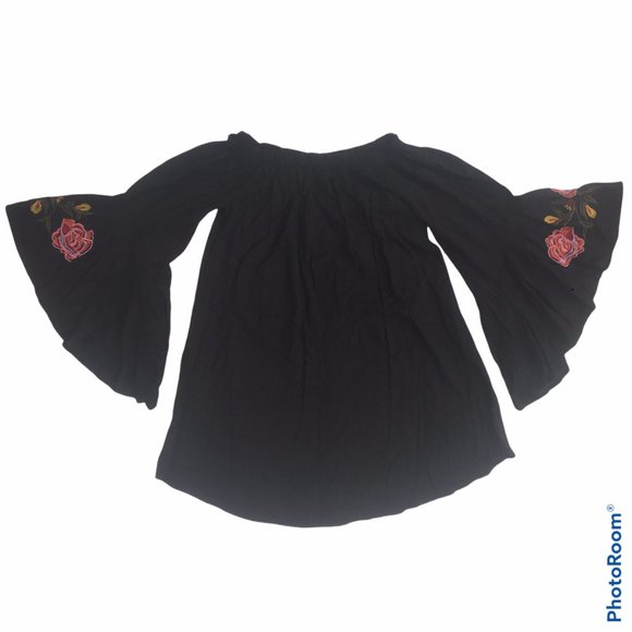 Bohemian FEATHERS  Mini Dress Size M Black -  Off The Shoulder Flower Embroidery - Picture 2 of 6